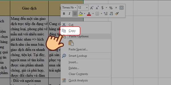 Sao chép văn bản bằng cách chọn Copy