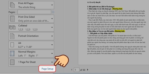 Sau khi vào Print chọn Page Setup