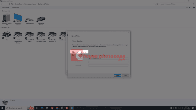 chọn "Do not share this printer"