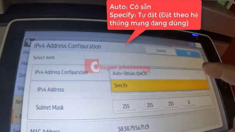 hiện thị 2 chế độ, Auto và Specify, chọn chế độ Specify