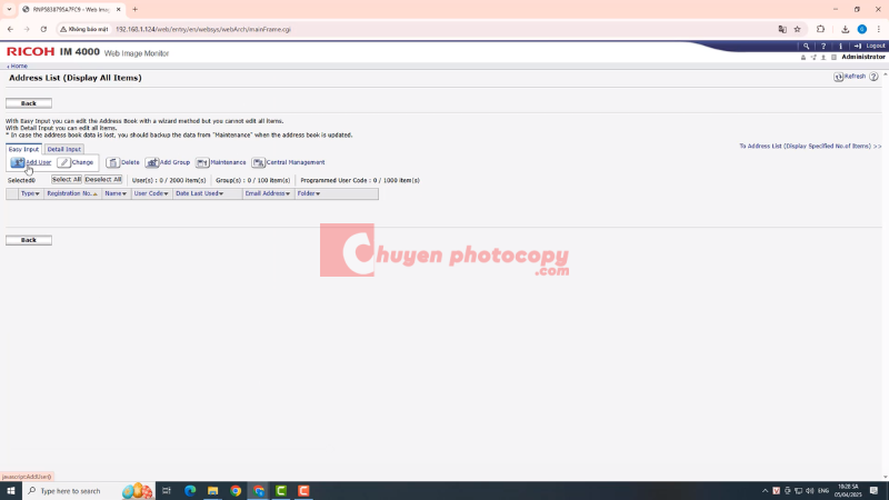 Giao diện của web máy photocopy khi thêm người dùng