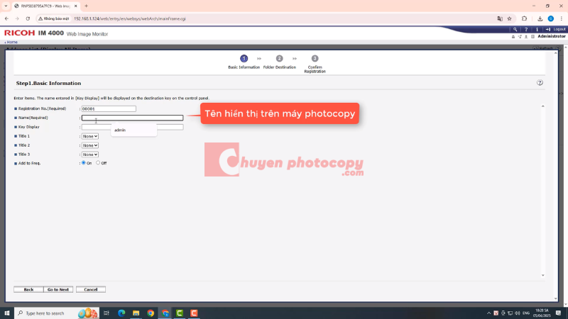 tên hiển thị trên máy photocopy