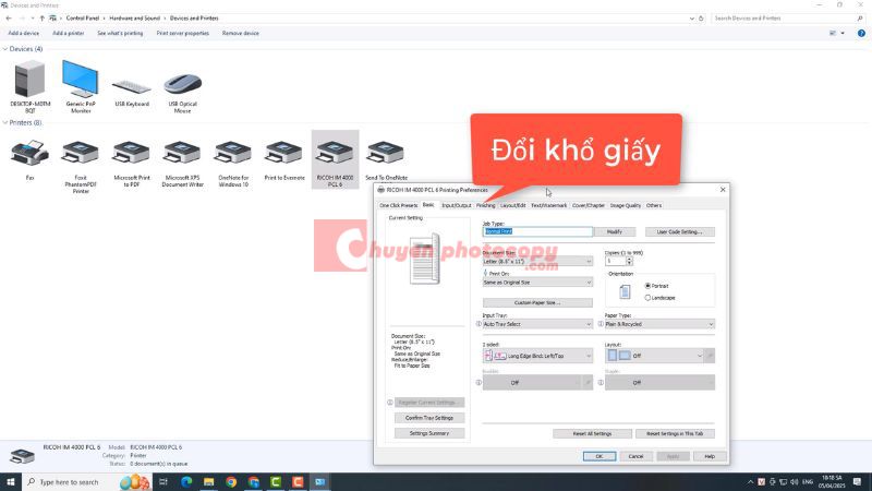 Giao để vào đổi khổ giấy