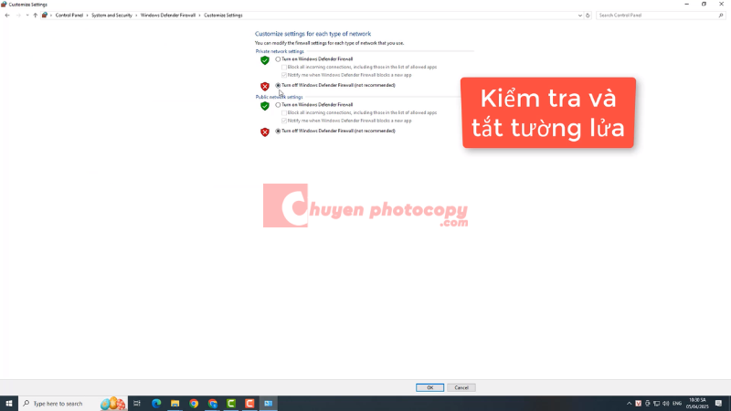 Kiểm tra và tắt tường lửa