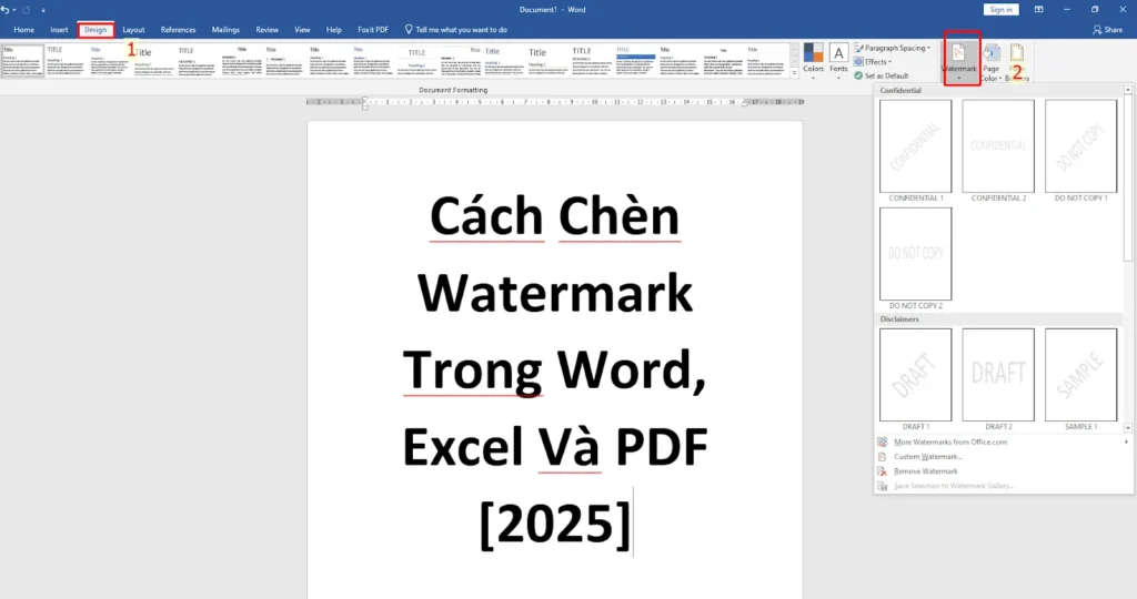 Mở tài liệu Word cần chèn watermark, sau đó truy cập vào tab Design.