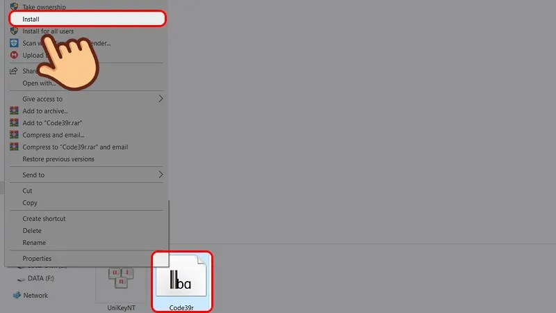 Giải nén file vừa tải ra, nhấn chuột phải vào font Code 39 và chọn Install để cài đặt